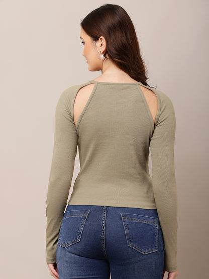 Polyester Round Neck with Full Sleeve Fitted Green Top