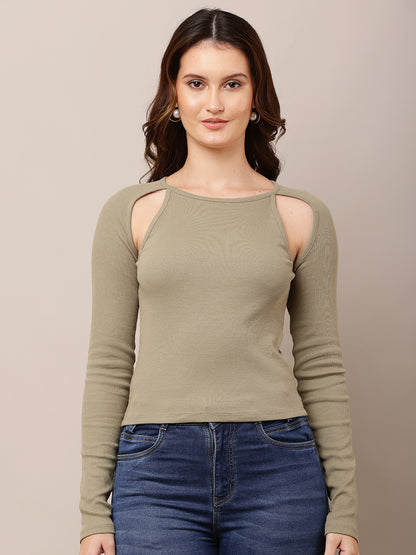 Polyester Round Neck with Full Sleeve Fitted Green Top
