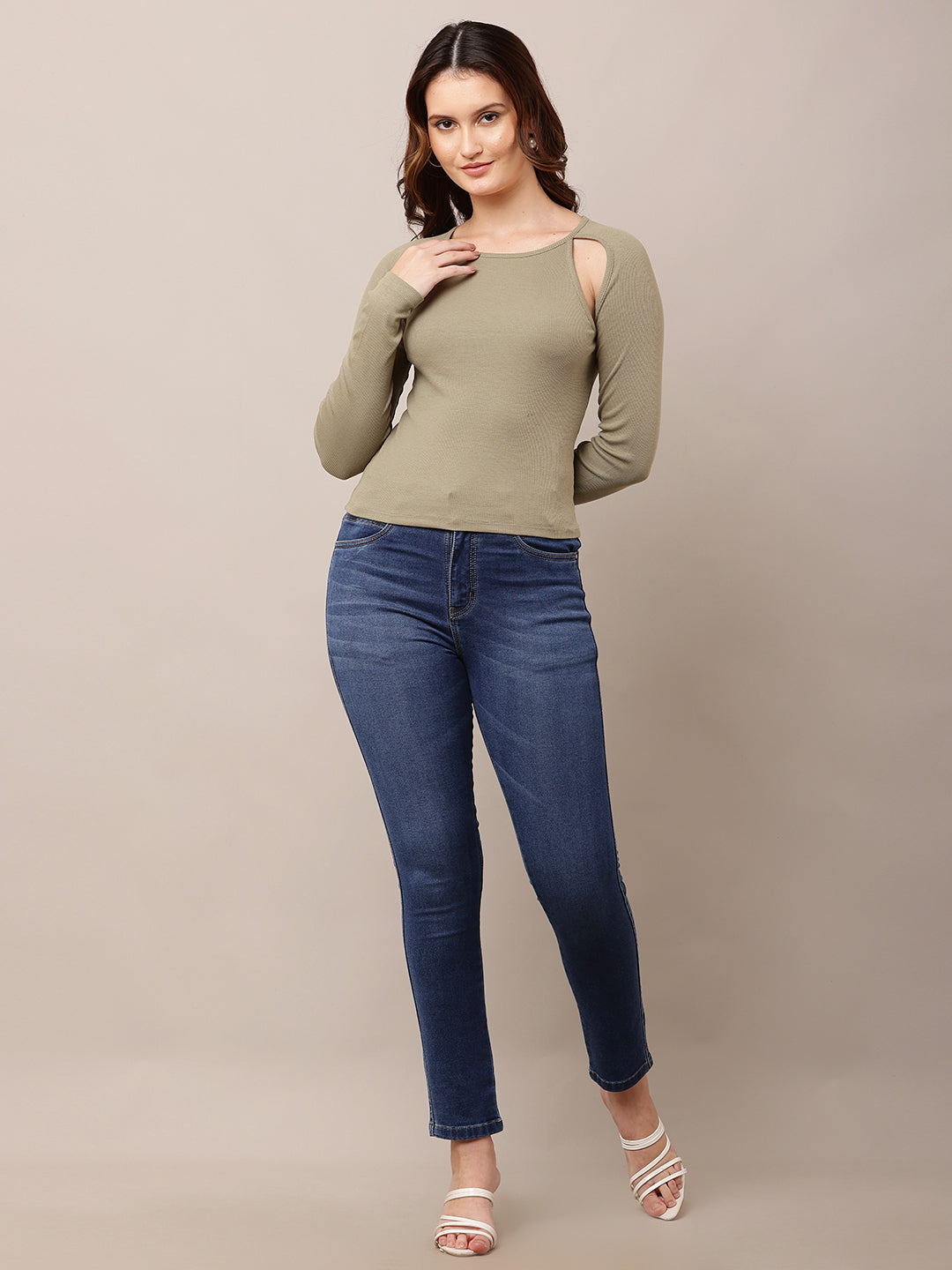 Polyester Round Neck with Full Sleeve Fitted Green Top