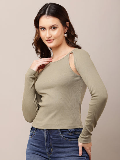 Polyester Round Neck with Full Sleeve Fitted Green Top