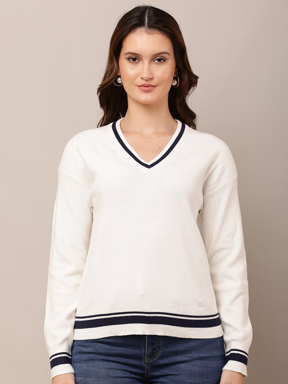 Viscose V-Neck with Full Sleeve white Sweater