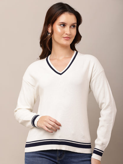 Viscose V-Neck with Full Sleeve white Sweater
