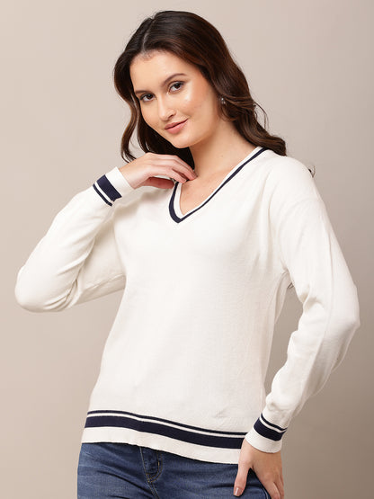 Viscose V-Neck with Full Sleeve white Sweater