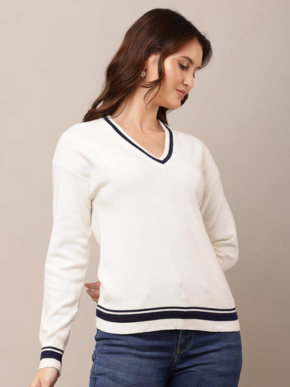 Viscose V-Neck with Full Sleeve white Sweater