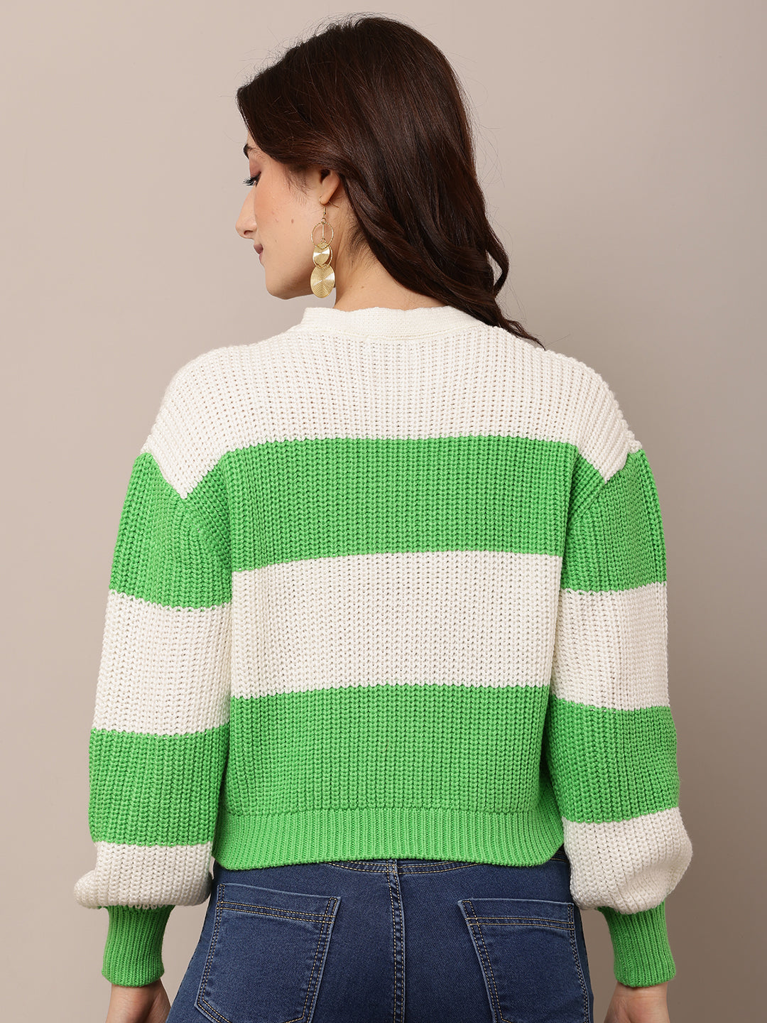 Acrylic Full Sleeve with V-Neck Green and White Cardigan