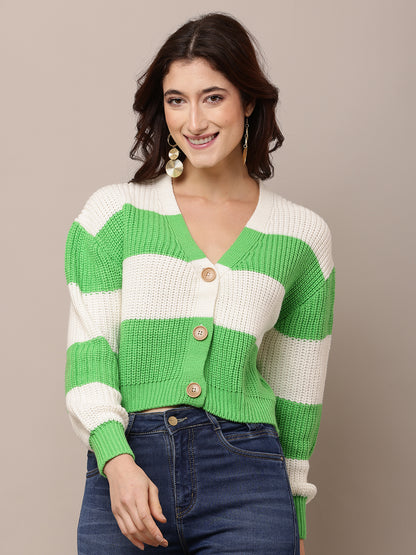 Acrylic Full Sleeve with V-Neck Green and White Cardigan