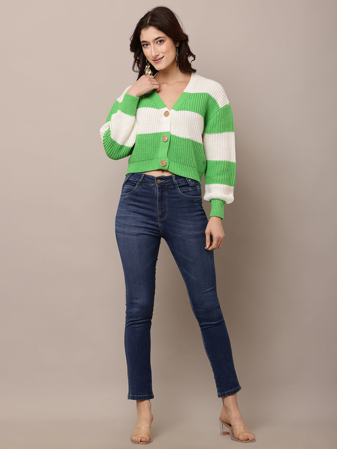 Acrylic Full Sleeve with V-Neck Green and White Cardigan