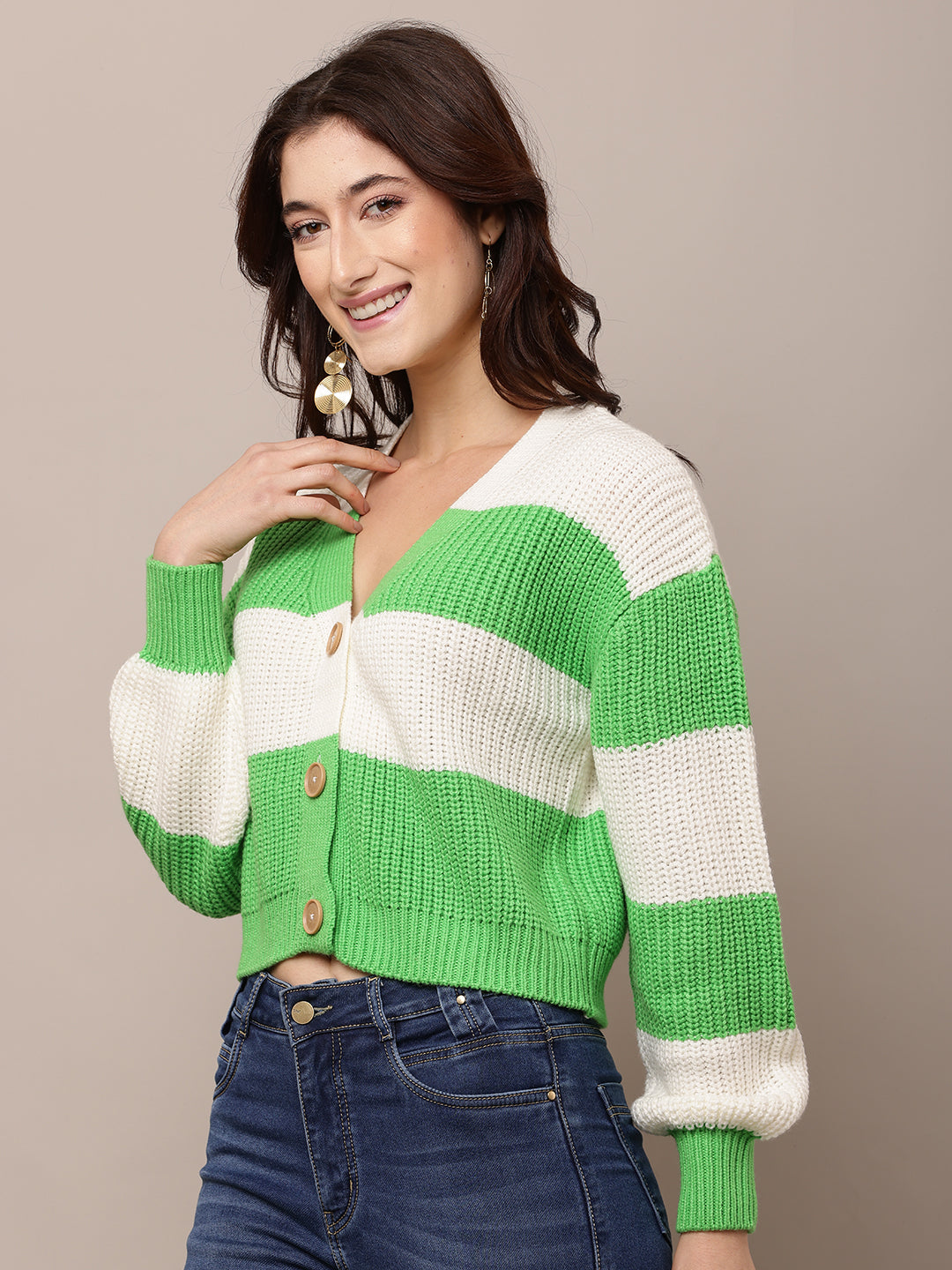 Acrylic Full Sleeve with V-Neck Green and White Cardigan