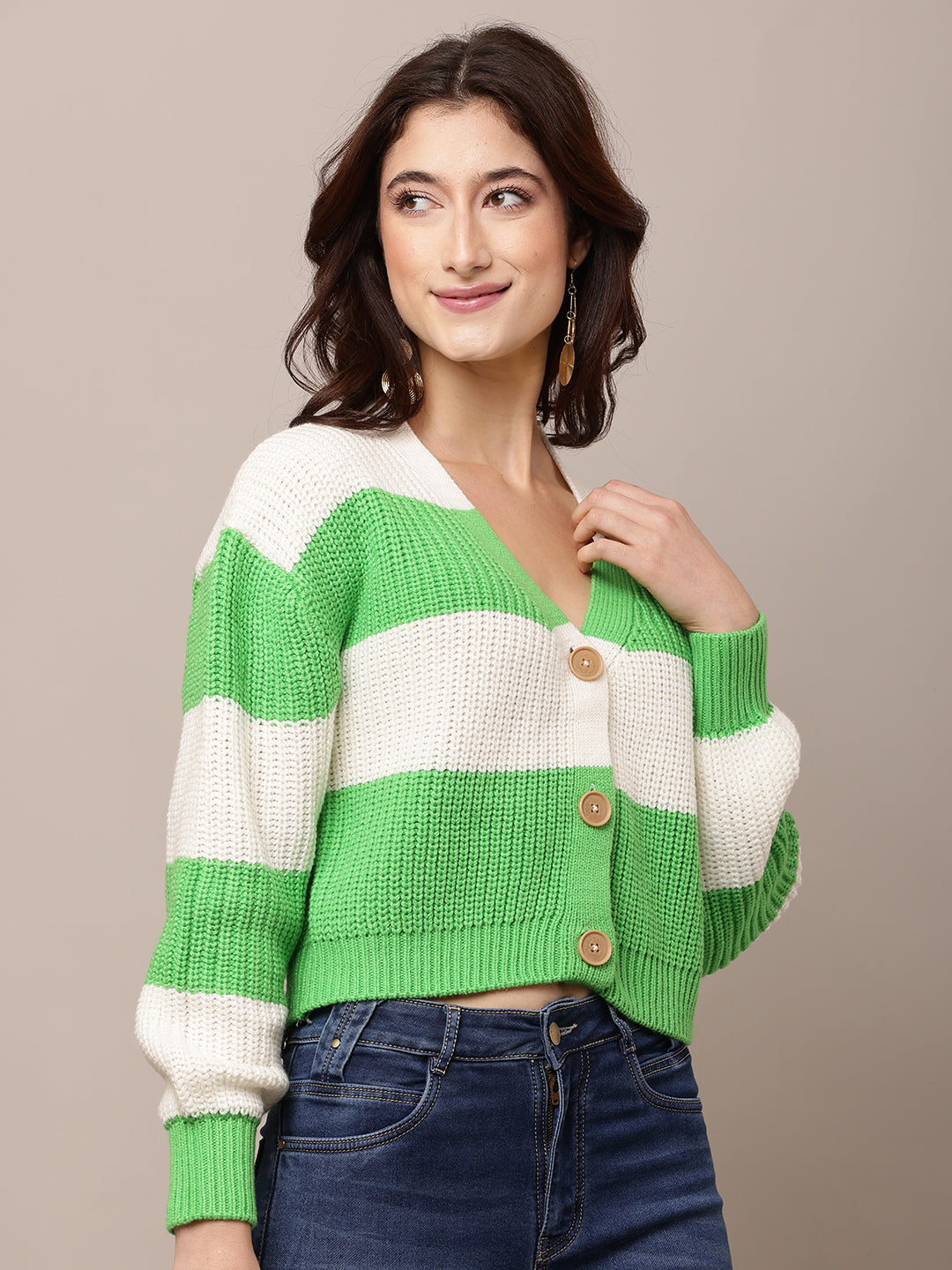 Acrylic Full Sleeve with V-Neck Green and White Cardigan
