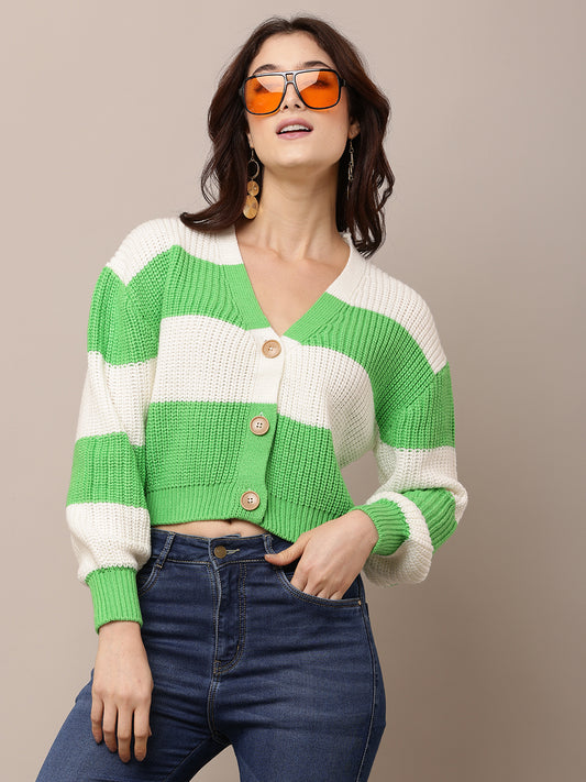 Acrylic Full Sleeve with V-Neck Green and White Cardigan