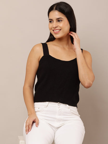 Acrylic Sleeveless with Square Neck Ribbed Red Slim Fit Tank Top