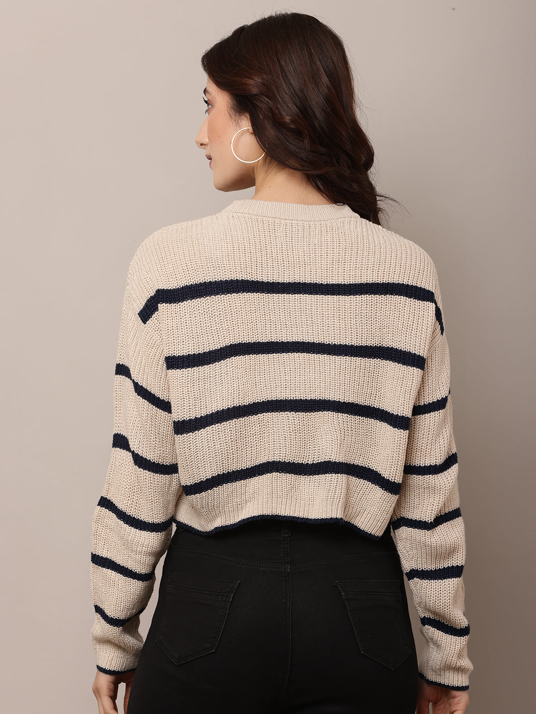 Acrylic Round Neck with Full Sleeve Striped Beige Sweater