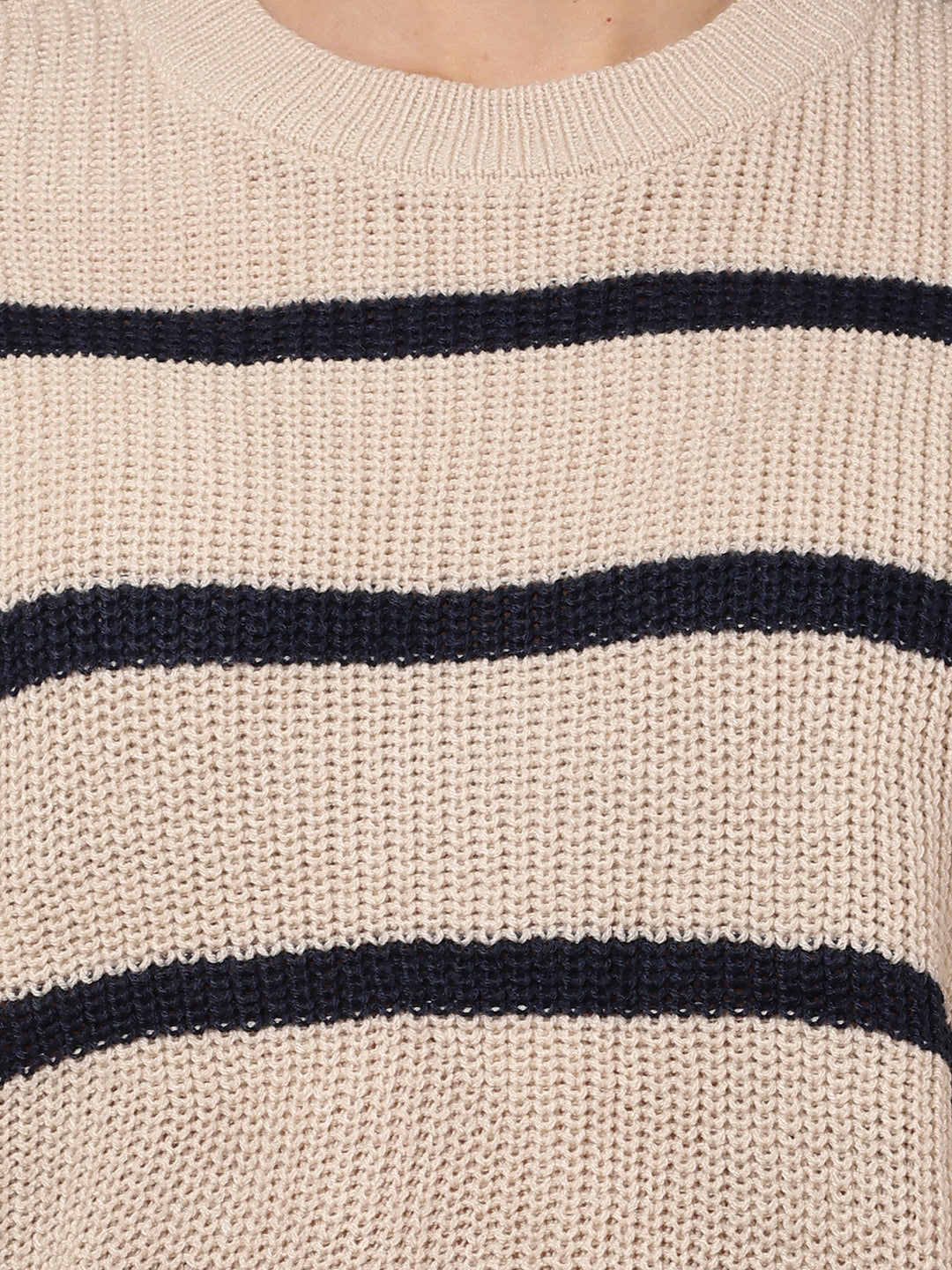 Acrylic Round Neck with Full Sleeve Striped Beige Sweater