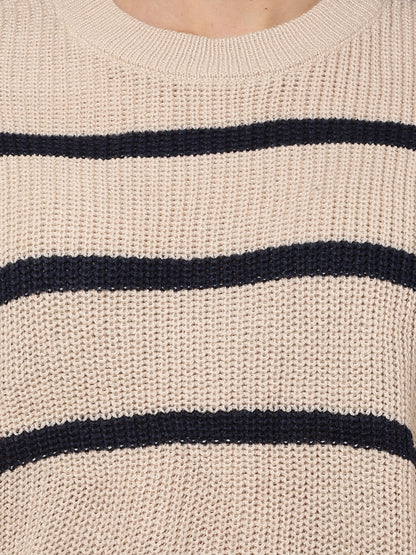 Acrylic Round Neck with Full Sleeve Striped Beige Sweater