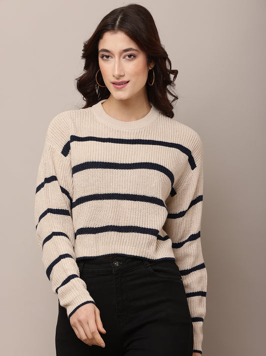 Acrylic Round Neck with Full Sleeve Striped Beige Sweater