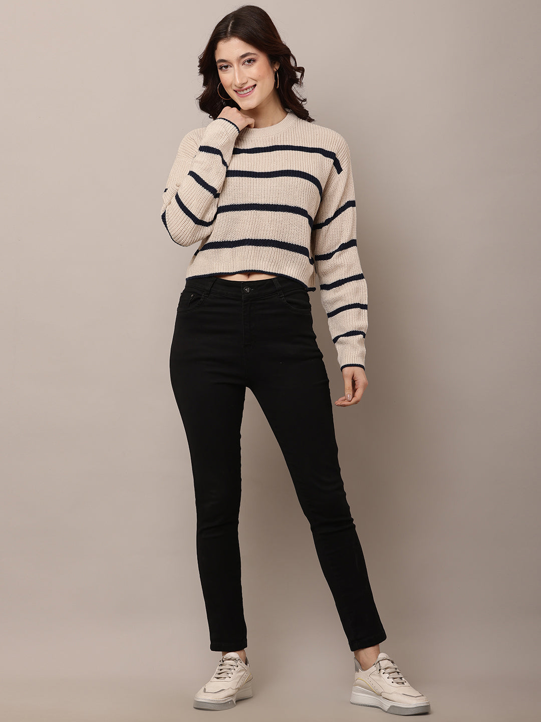 Acrylic Round Neck with Full Sleeve Striped Beige Sweater