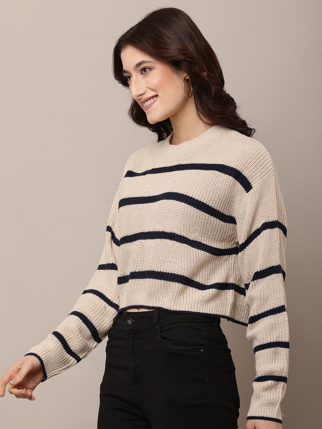 Acrylic Round Neck with Full Sleeve Striped Beige Sweater