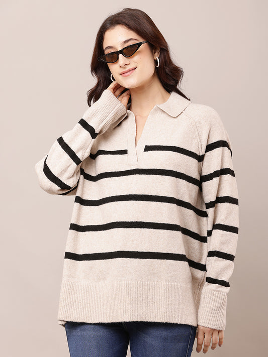 Polyester Full Sleeve with V-Neck Striped Beige Baggy Sweater