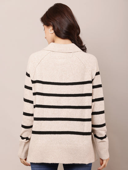 Polyester Full Sleeve with V-Neck Striped Beige Baggy Sweater