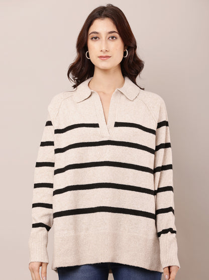 Polyester Full Sleeve with V-Neck Striped Beige Baggy Sweater