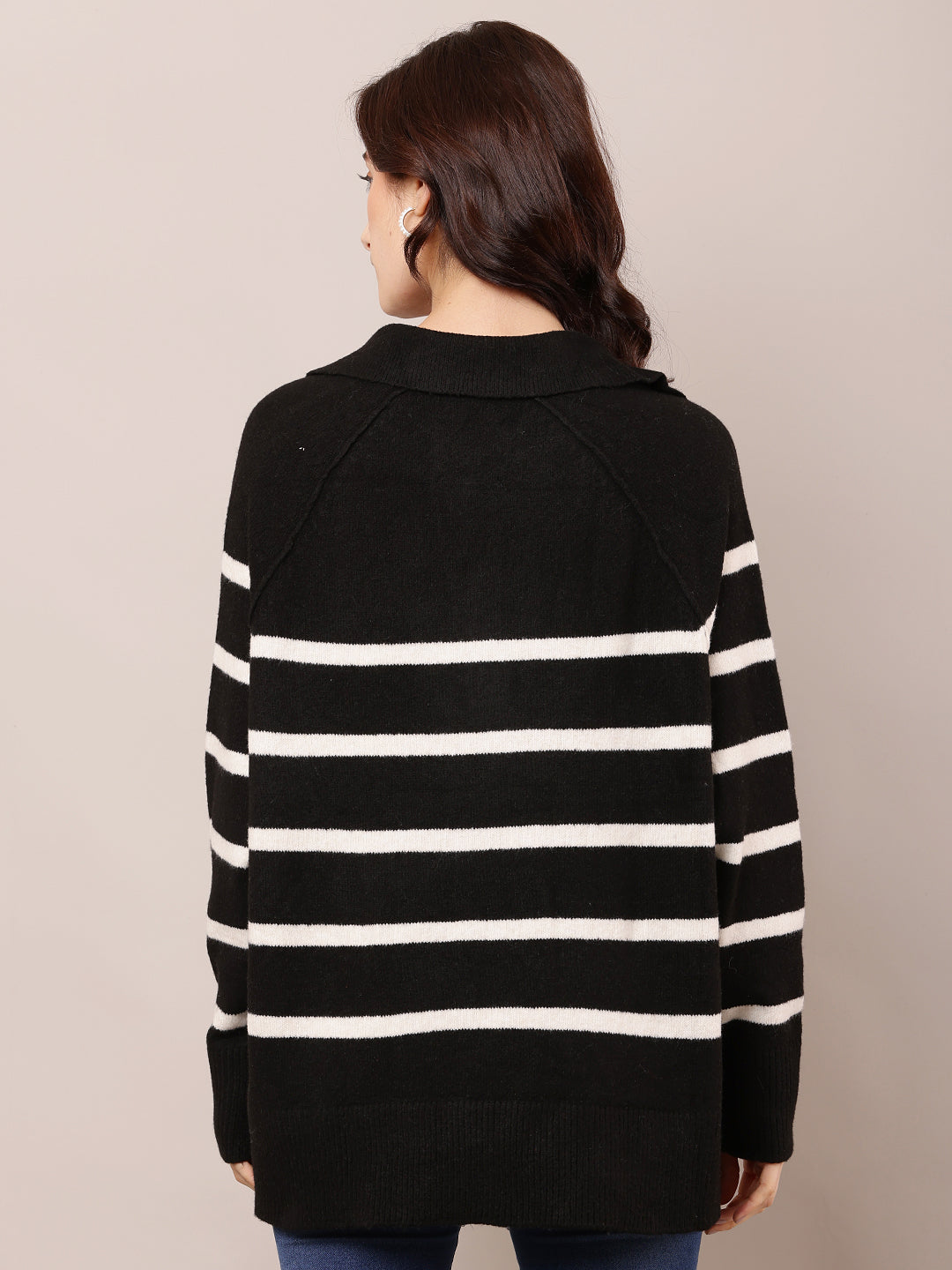 Polyester Full Sleeve with V-Neck Striped Black Baggy Sweater