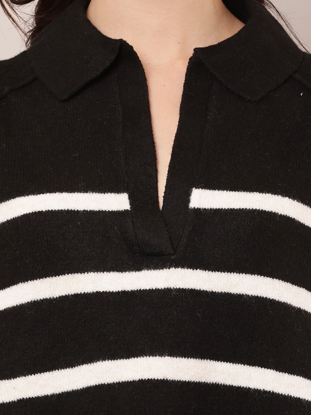 Polyester Full Sleeve with V-Neck Striped Black Baggy Sweater
