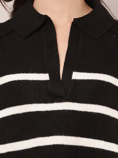 Polyester Full Sleeve with V-Neck Striped Black Baggy Sweater