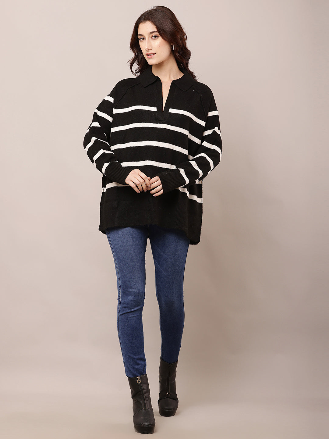 Polyester Full Sleeve with V-Neck Striped Black Baggy Sweater
