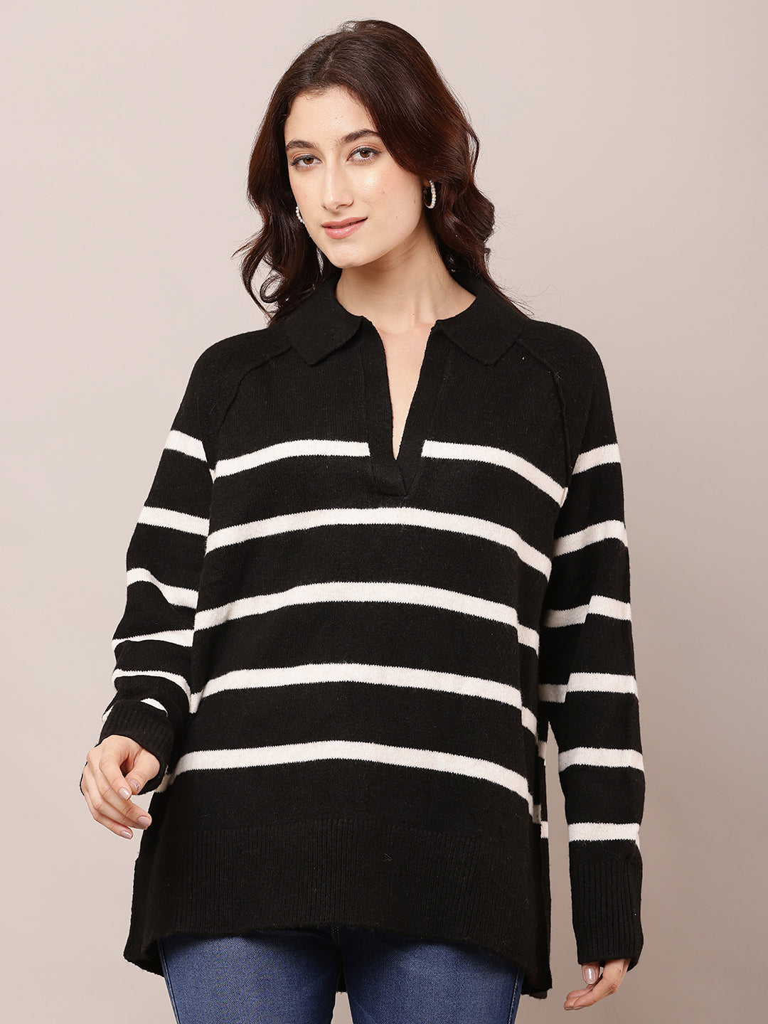 Polyester Full Sleeve with V-Neck Striped Black Baggy Sweater
