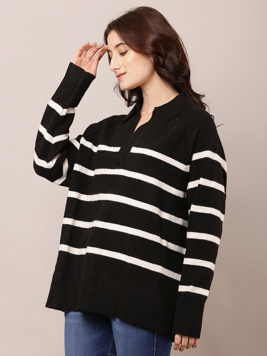 Polyester Full Sleeve with V-Neck Striped Black Baggy Sweater