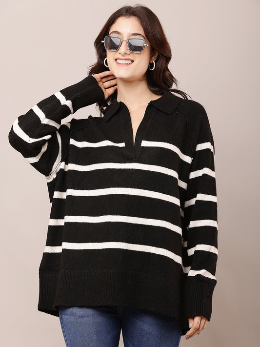 Polyester Full Sleeve with V-Neck Striped Black Baggy Sweater