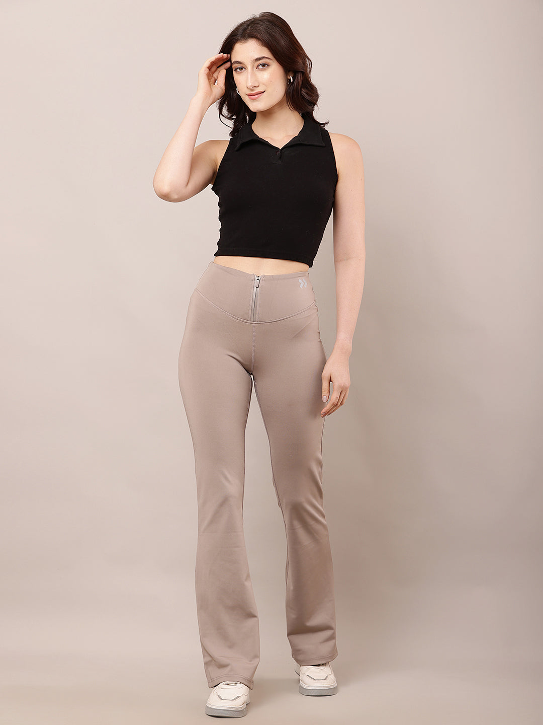 Polyester High-Waist with Front Zipper closure dry fit Light Brown Trouser