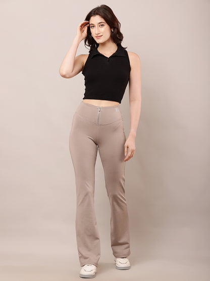 Polyester High-Waist with Front Zipper closure dry fit Light Brown Trouser