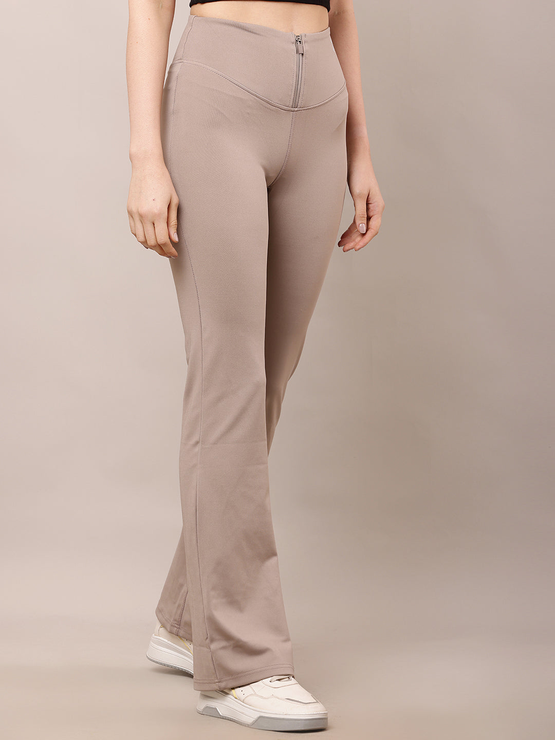 Polyester High-Waist with Front Zipper closure dry fit Light Brown Trouser