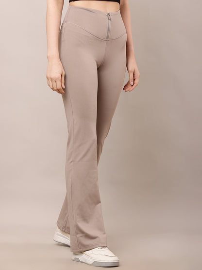 Polyester High-Waist with Front Zipper closure dry fit Light Brown Trouser