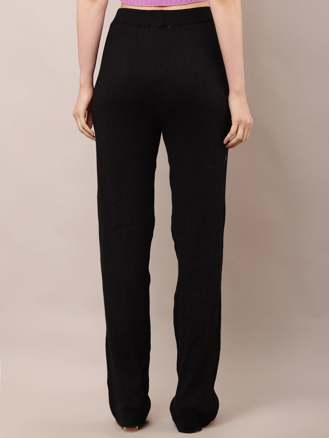 Acrylic High-Rise with Elastic waist Ribbed Winter Black Trouser