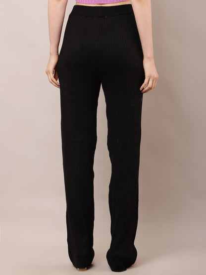 Acrylic High-Rise with Elastic waist Ribbed Winter Black Trouser