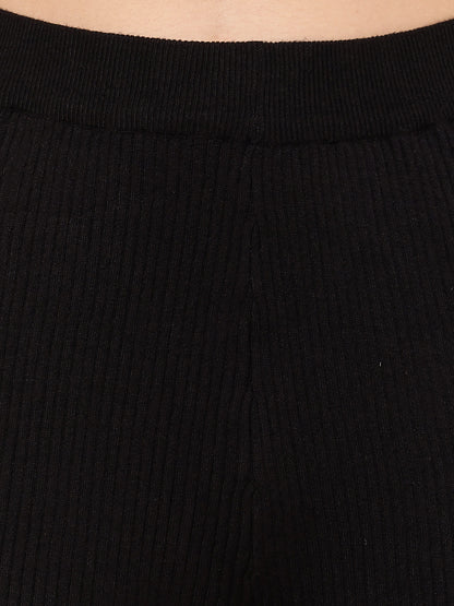 Acrylic High-Rise with Elastic waist Ribbed Winter Black Trouser