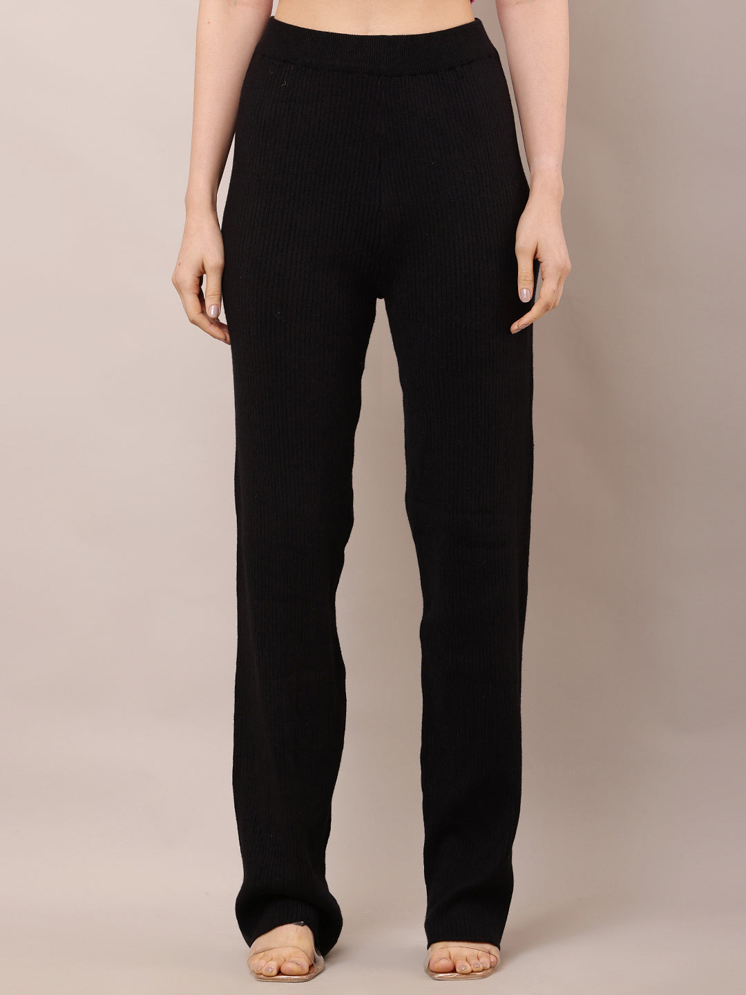 Acrylic High-Rise with Elastic waist Ribbed Winter Black Trouser