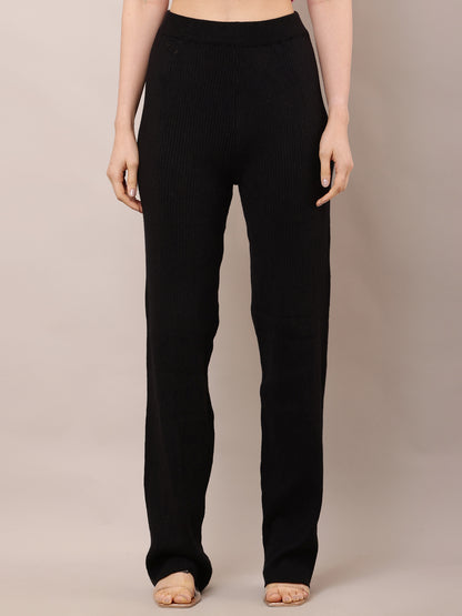 Acrylic High-Rise with Elastic waist Ribbed Winter Black Trouser