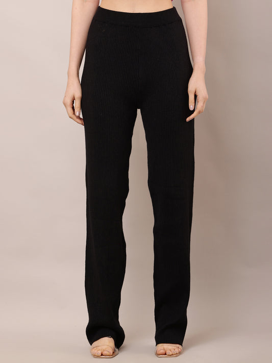 Acrylic High-Rise with Elastic waist Ribbed Winter Black Trouser