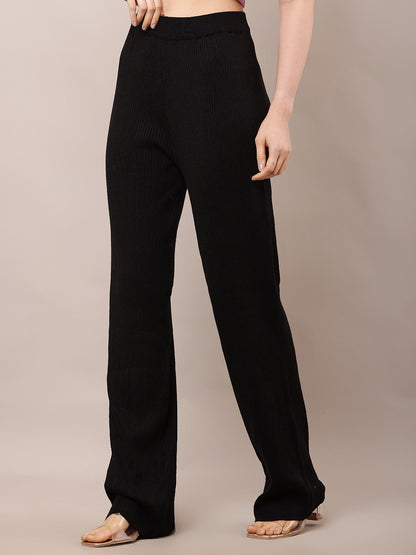 Acrylic High-Rise with Elastic waist Ribbed Winter Black Trouser