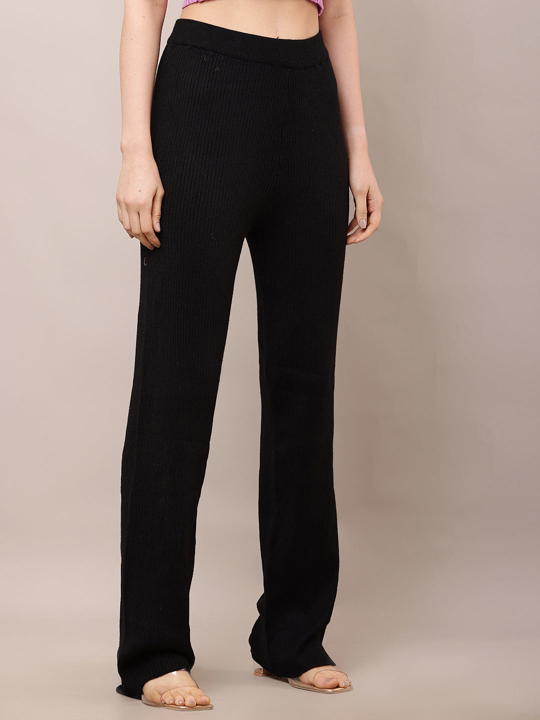 Acrylic High-Rise with Elastic waist Ribbed Winter Black Trouser