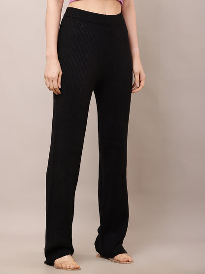 Acrylic High-Rise with Elastic waist Ribbed Winter Black Trouser