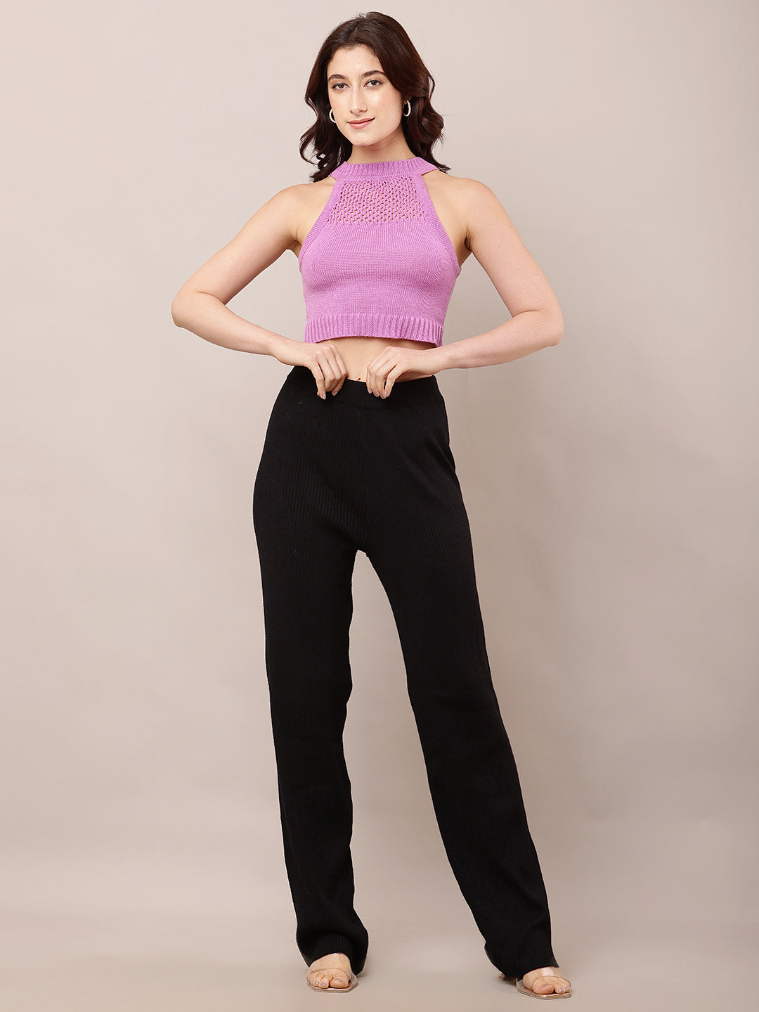 Acrylic High-Rise with Elastic waist Ribbed Winter Black Trouser