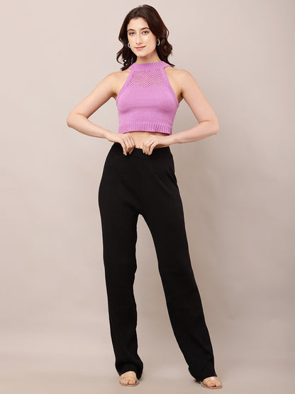 Acrylic High-Rise with Elastic waist Ribbed Winter Black Trouser
