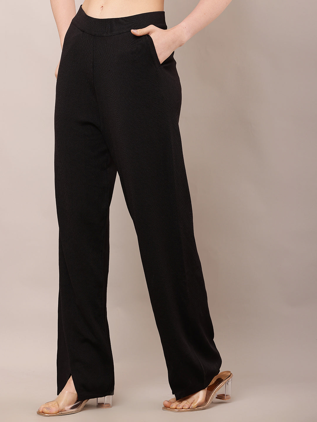 Viscose High-Rise with Elastic waist Summer Black Trouser
