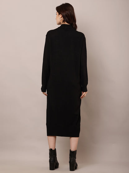 Viscose Full Sleeve with Turtle Neck Black Straight Dress