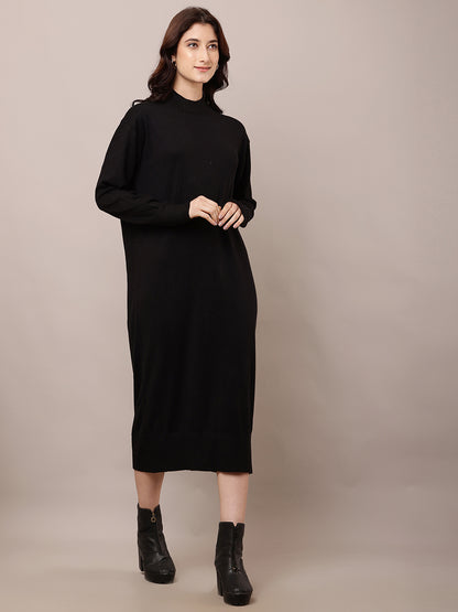 Viscose Full Sleeve with Turtle Neck Black Straight Dress
