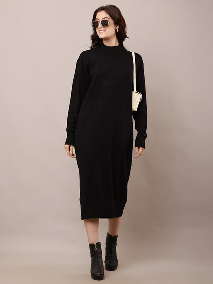 Viscose Full Sleeve with Turtle Neck Black Straight Dress